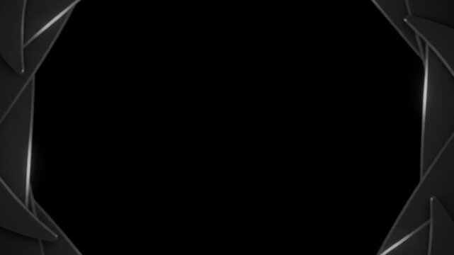 Mechanical camera shutter closing and opening transition overlay animation on black background.