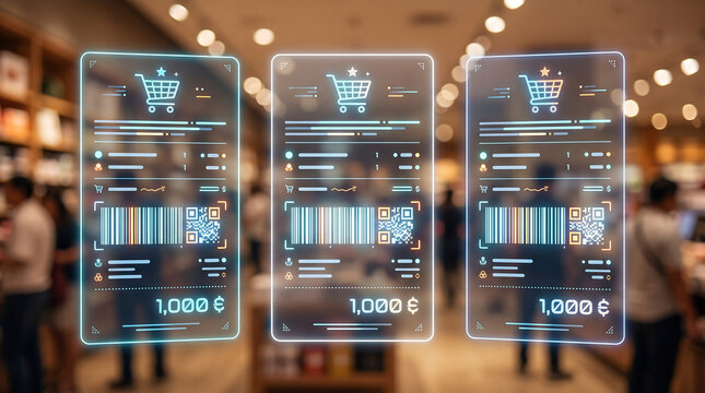 Holographic digital shopping receipts in blurred retail store