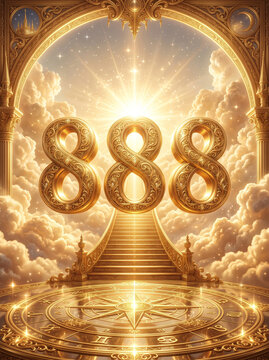 Majestic golden staircase with floating numbers surrounded by ethereal clouds and light