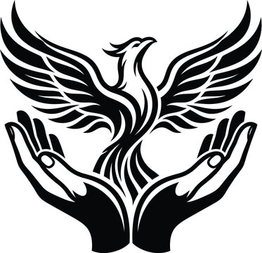 Phoenix bird rising from cupped hands black line art vector illustration for rebirth.