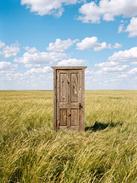 A solitary wooden door set amidst vibrant green grass beneath a clear blue sky