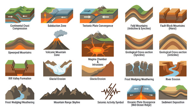 Geological Cross-Sections  Landforms: Vector Diagrams, Erosion, Tectonics, Mountains