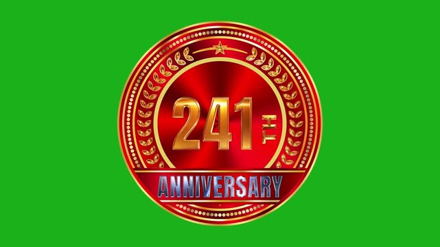 Anisotropic brushed ruby metal 241st milestone gold trophy badge with perimeter gemstone studs on green screen 4k video
