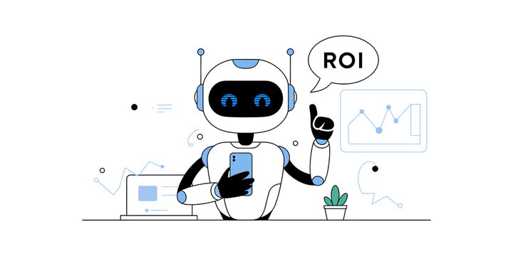 Cute robot character analyzing business growth and return on investment with phone
