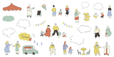 Fototapeta premium People Going Out with Speech Bubbles and Event Venue Elements Set — Tents, Food Trucks and Garlands