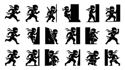 Obraz premium Black and White Silhouette Ninja Character Poses Icon Set for Martial Arts, Stealth, and Action Gaming