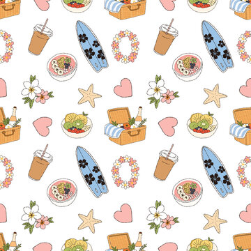 Coastal summer picnic vector seamless pattern with surfboard and smoothie bowl