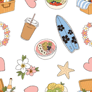 Coastal summer picnic vector seamless pattern with surfboard and smoothie bowl