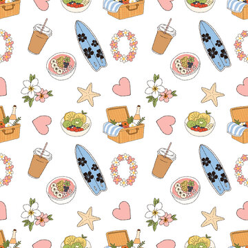 Coastal summer picnic vector seamless pattern with surfboard and smoothie bowl