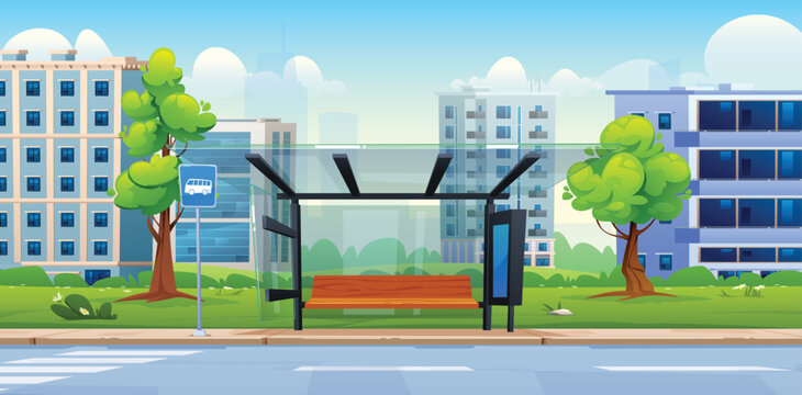 Empty modern bus stop shelter with wooden bench on city street with trees and buildings. Vector cartoon illustration
