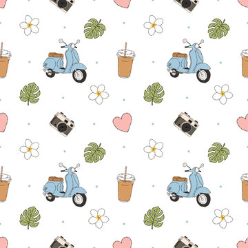 Retro blue scooter seamless pattern with iced coffee monstera and camera
