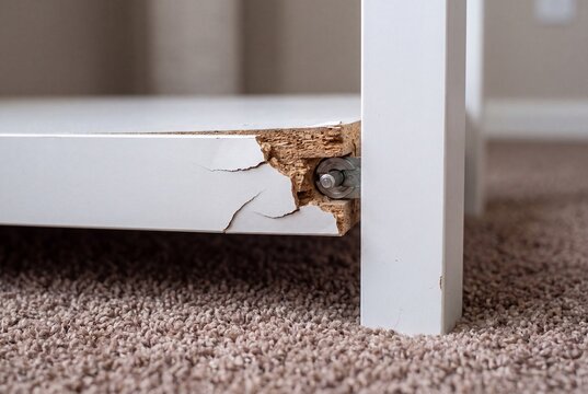 Close-up view of a broken white particle board shelf attached to a leg, revealing the exposed inner wood composite and a metal cam lock fastener.