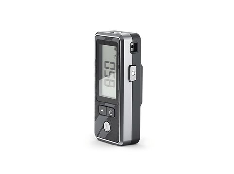 A portable laser distance meter with a digital screen stands against a white background.