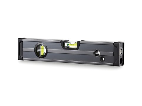A gray metal spirit level with green liquid vials is positioned horizontally against a.