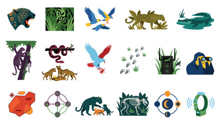 Fototapeta premium Wildlife Conservation and Research Flat Vector Icons Set: Animals, Tracking Devices, Ecosystems