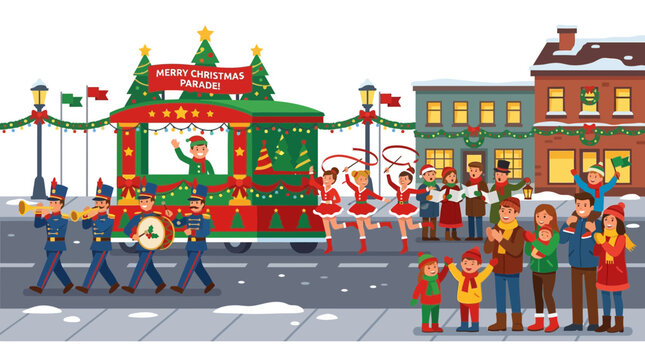 Christmas parade with marching band, dancers, and onlookers on snowy street