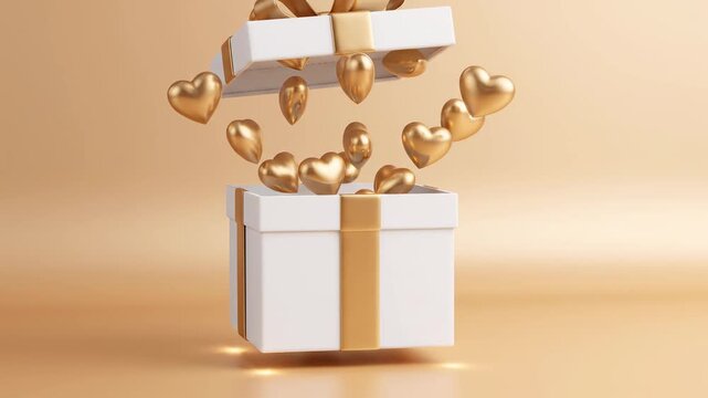 A beautifully wrapped white gift box with a golden ribbon opens, releasing many shiny golden hearts. Ideal for expressing love, surprise, and celebration on special occasions.