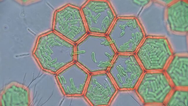 Synthetic Biology concept ,Green algae cell hexagon shapes with red cell walls microscope showing detailed structure arrangement
