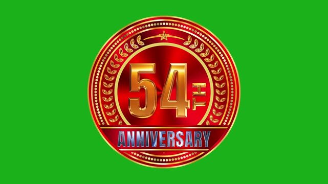 54th anniversary luxury gold award badge with glossy red stone layer and vibrant radial rim lighting on green screen 4k video