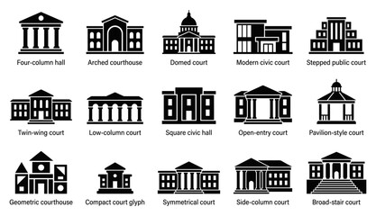 Obraz premium Set of fifteen black and white courthouse and civic building icons with various architectural styles and designs