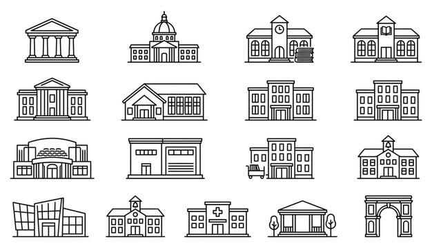 Set of black and white outline icons representing various public buildings schools libraries and government institutions