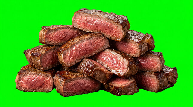 Medium cooked beef steak stacked, isolated on green screen background