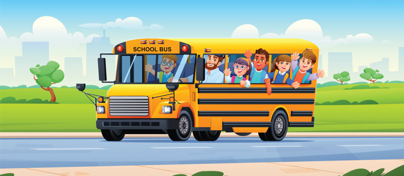 Happy kids riding school bus along countryside road. Vector cartoon illustration