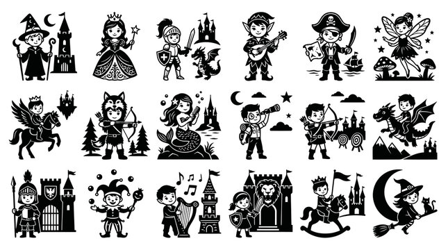 Black and White Line Art Children's Fantasy Characters and Castles Icon Set