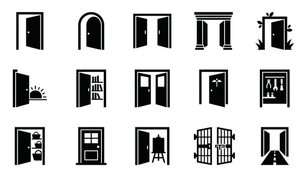 Set of fifteen black and white door icons representing various architectural styles and interior room storage concepts