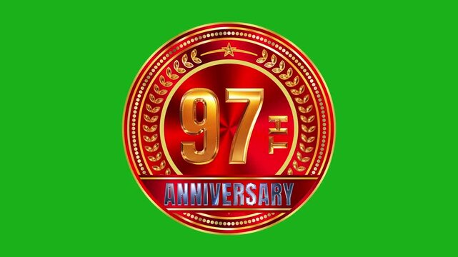 97th anniversary royal golden crest with polished garnet red stone plate and radiant spotlight reflections on green screen 4k video