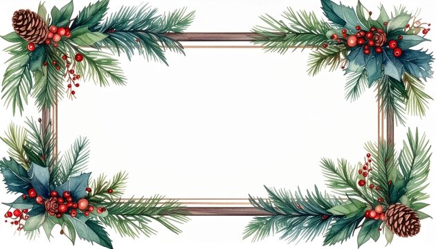 Watercolor christmas frame with pine berries and pinecones on white