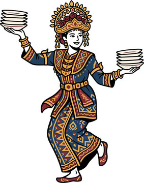 Indonesian Tari Piring Plate Dancer Illustration in Traditional Costume