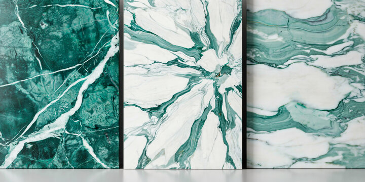 Three vertical panels displaying green and white marble textures with intricate vein patterns