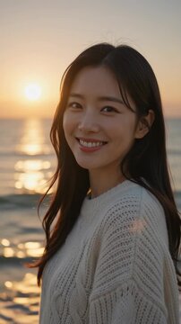 Young Korean Woman Turning and Smiling at Beach During Sunset. Vertical video