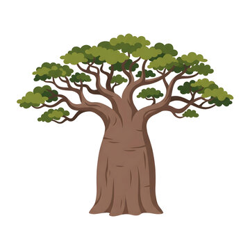 Illustration of a Baobab Tree with Green Foliage and Thick Trunk