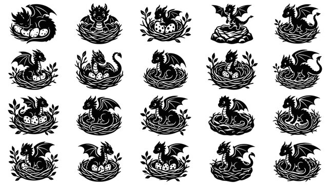 Cute Fantasy Baby Dragons and Eggs in Nests Black  White Glyph Silhouette Illustration Set
