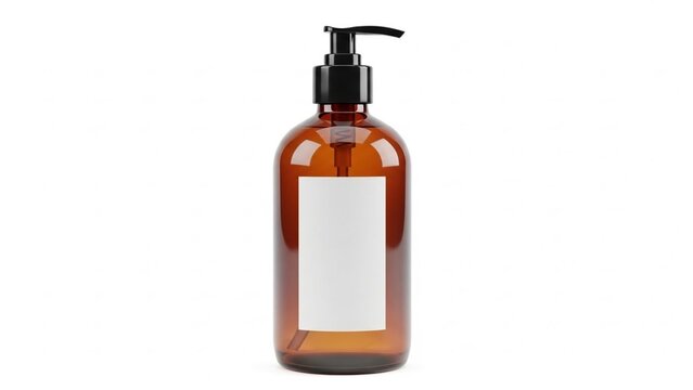 Amber glass bottle with black pump dispenser for soap or lotion with an empty white label for branding design mockup on a clean surface