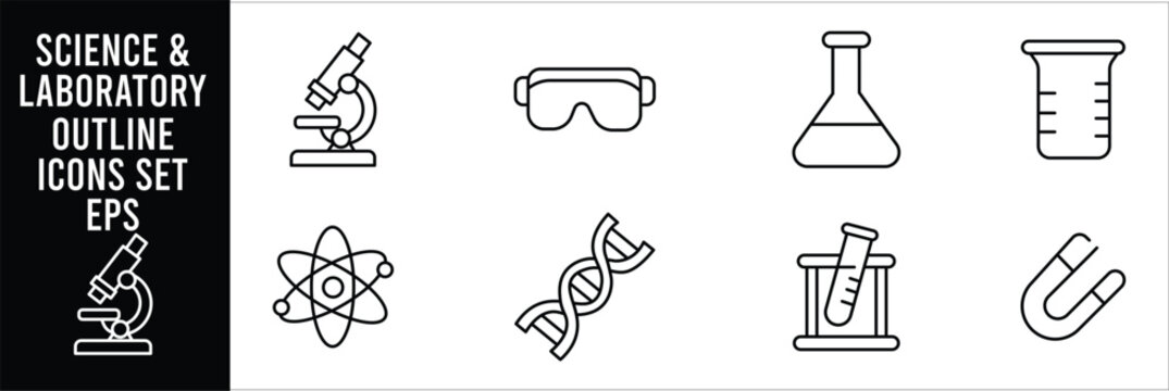 Science and laboratory outline icon set featuring microscope goggles flasks atom DNA test tube and magnet symbols for research education chemistry biology and experiments concepts