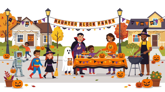 Halloween Block Party: Diverse Families Celebrate with Costumes, Food, and Fun