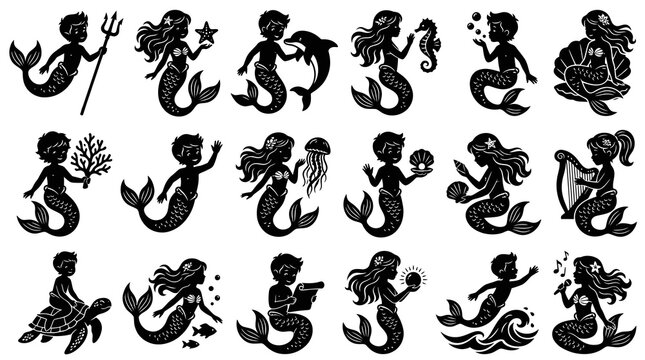 Cute Fantasy Mermaids and Mermen Black Silhouettes Vector Set. Kids Ocean Life Illustration Bundle
