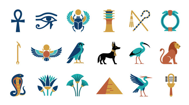 Flat Egyptian Hieroglyphs Icons Set: Ankh, Eye of Horus, Scarab, Animals