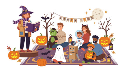 Fototapeta premium Halloween Story Time: Diverse Family Enjoys Spooky Tales with Costumed Characters