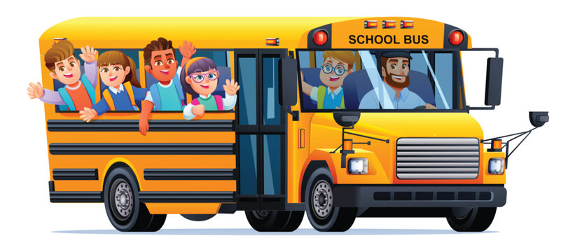 Excited children and driver waving from yellow school bus. Vector cartoon illustration