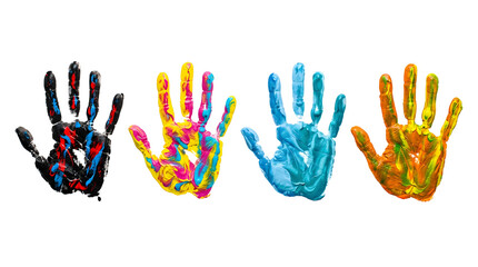 Fototapeta premium Vibrant painted handprints in rainbow colors on transparent background for creative projects