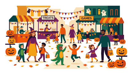 Fototapeta premium Halloween Street Festival: Families Enjoy Treats and Games in Costume