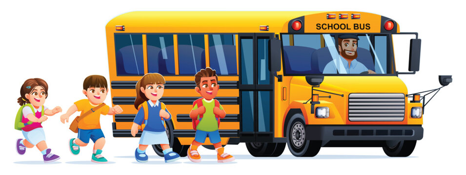 Happy school children walking in line towards big yellow bus with driver. Vector cartoon illustration