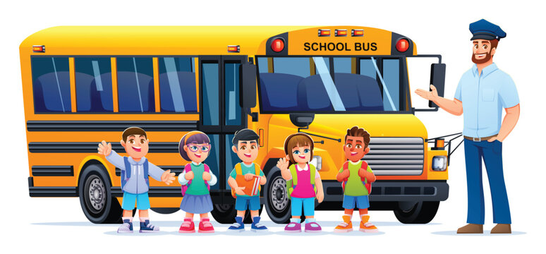 Friendly bus driver presenting happy school students standing in front of bus. Vector cartoon illustration