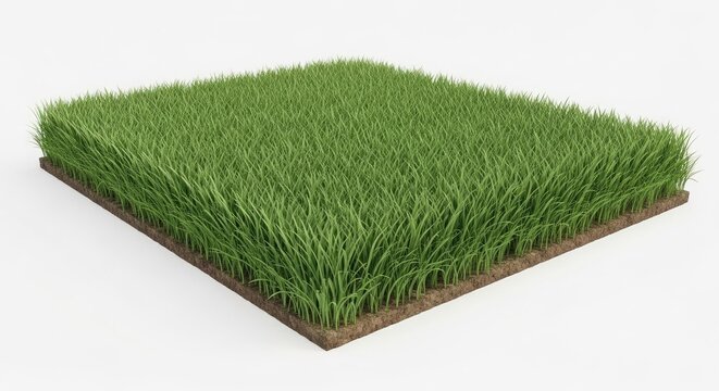 Realistic square green grass patch on white background.
