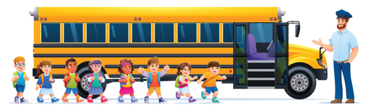 Happy school children queuing to enter yellow school bus with driver welcome. Vector cartoon illustration
