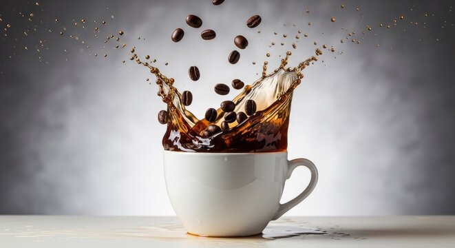 Roasted coffee beans splashing into white ceramic cup.